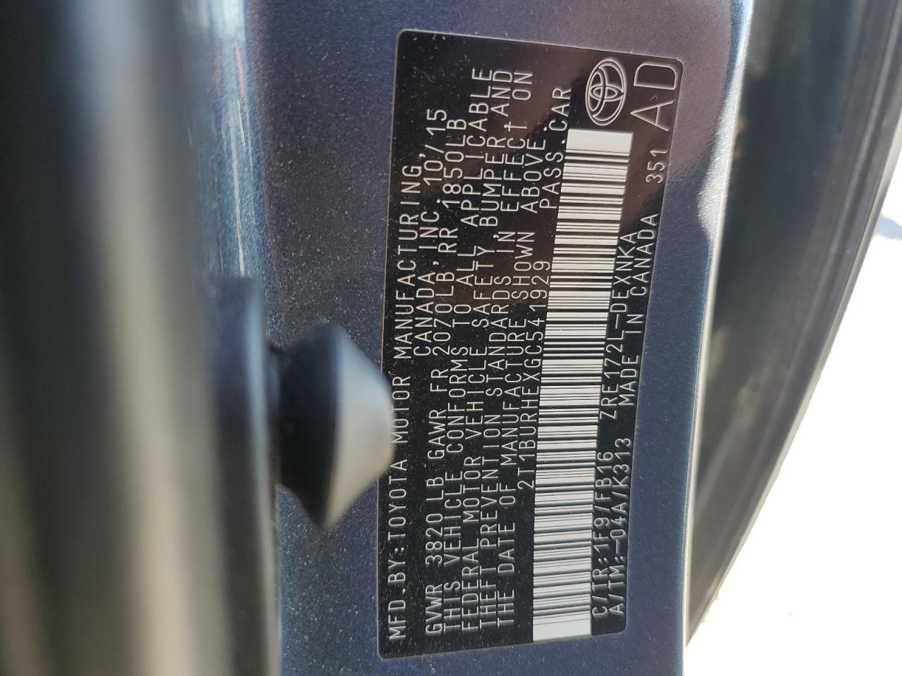 2016 Toyota Corolla L VIN: 2T1BURHEXGC541929 Lot: 49483785