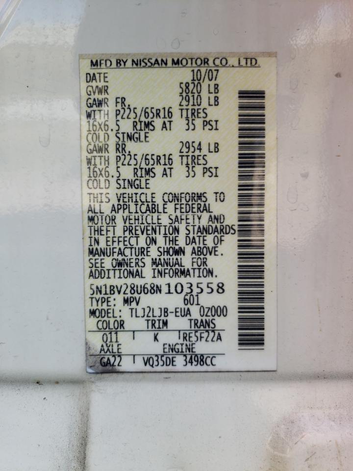 2008 Nissan Quest S VIN: 5N1BV28U68N103558 Lot: 49637325