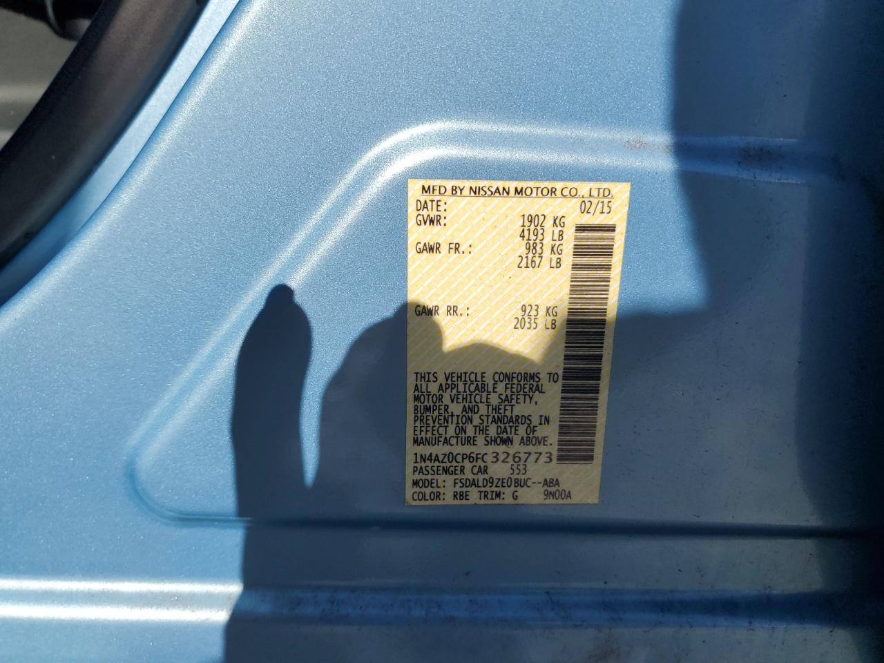 2015 Nissan Leaf S VIN: 1N4AZ0CP6FC326773 Lot: 48215955