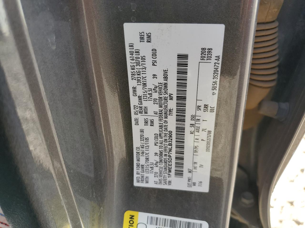 2022 Ford Bronco Base VIN: 1FMEE5DP7NLB32900 Lot: 50360775
