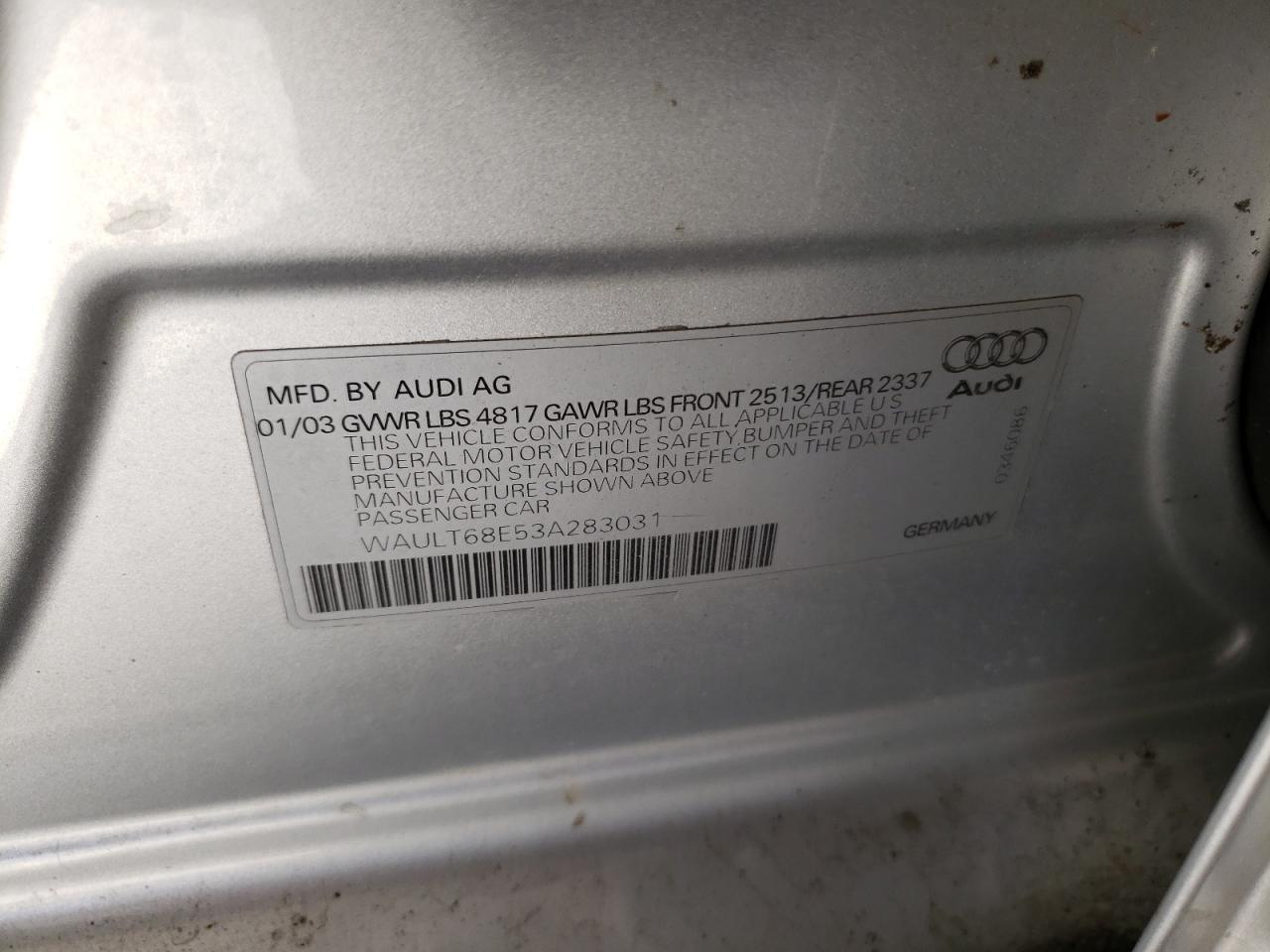 2003 Audi A4 3.0 Quattro VIN: WAULT68E53A283031 Lot: 44715315