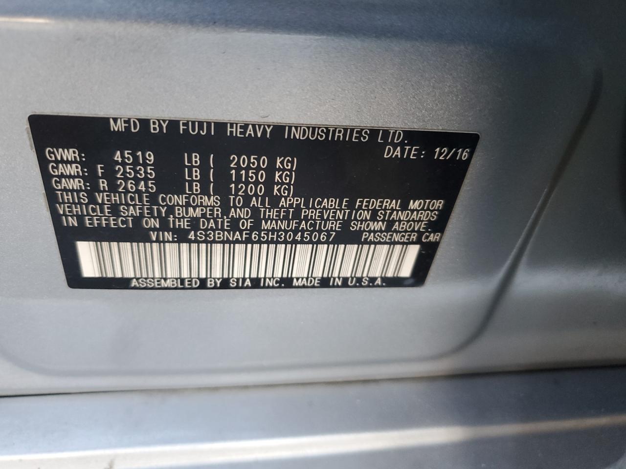 2017 Subaru Legacy 2.5I Premium VIN: 4S3BNAF65H3045067 Lot: 47248605