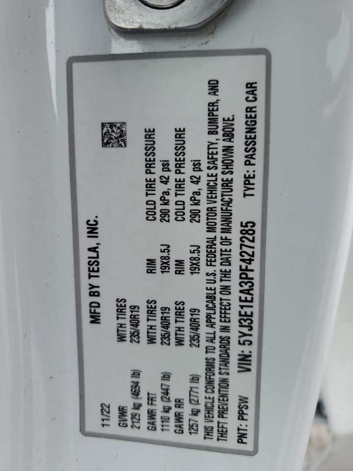 2023 Tesla Model 3 VIN: 5YJ3E1EA3PF427285 Lot: 47894875
