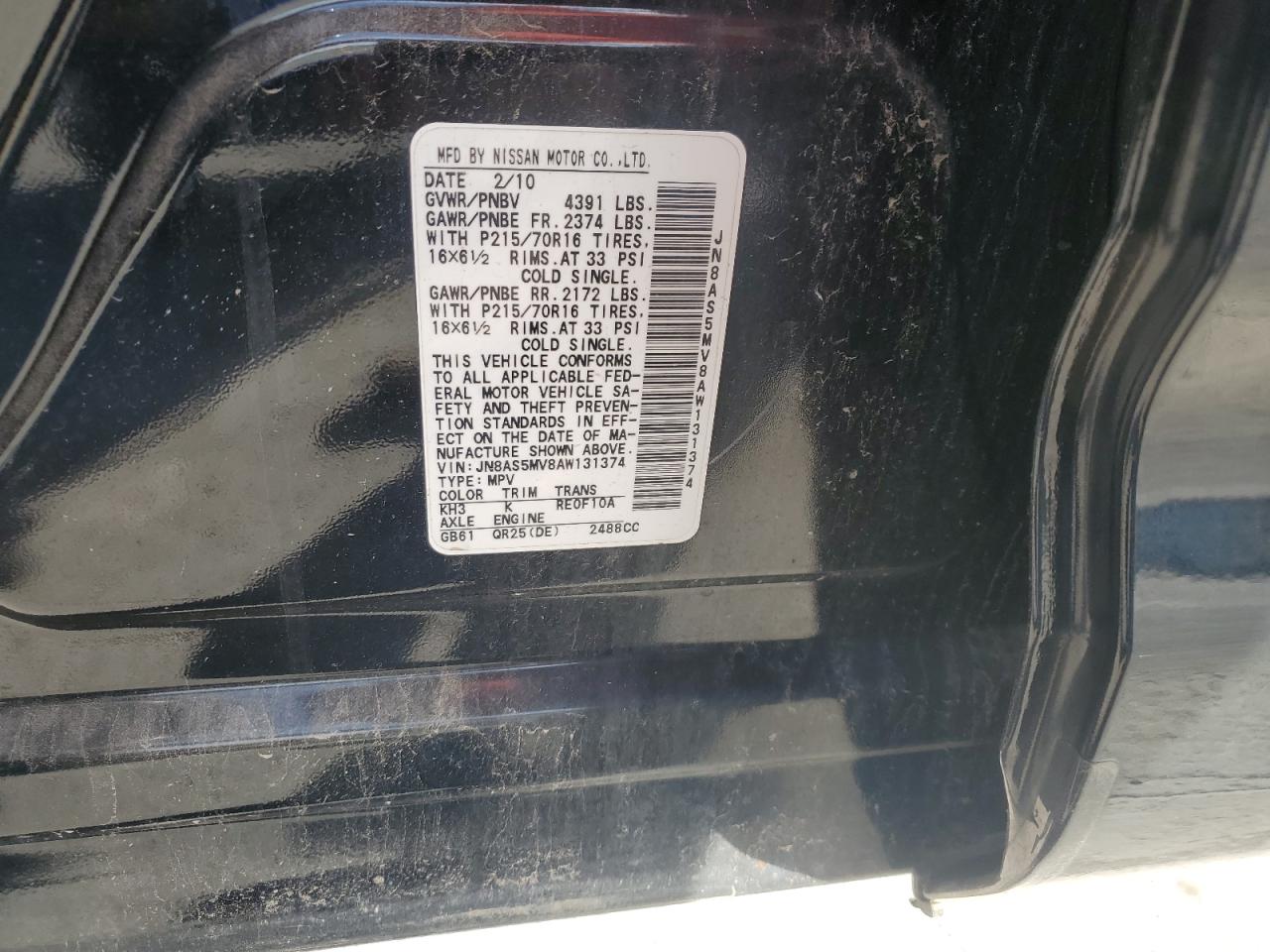 2010 Nissan Rogue S VIN: JN8AS5MV8AW131374 Lot: 49823025