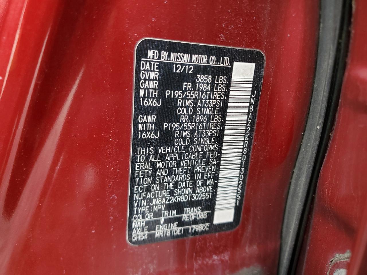 2013 Nissan Cube S VIN: JN8AZ2KR8DT302551 Lot: 50995895