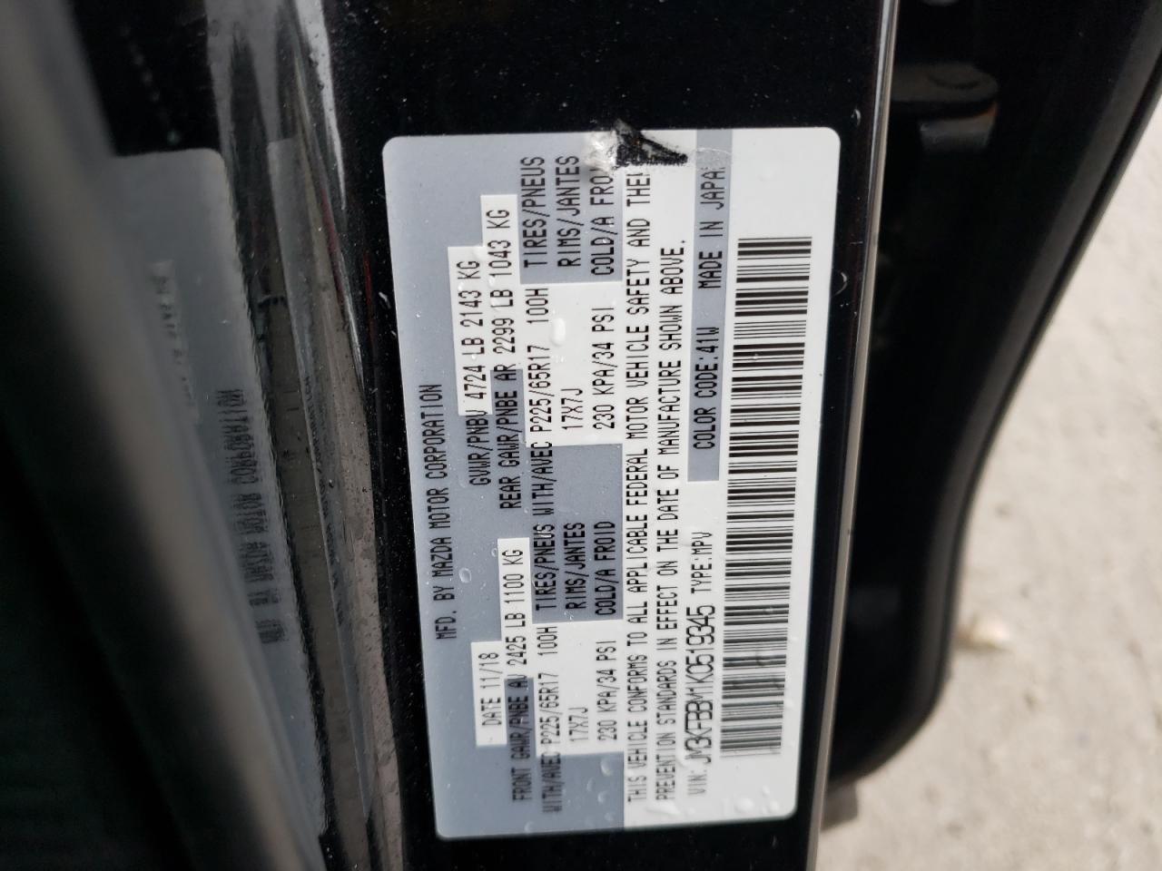 Hide VIN History Auto JM3KFBBM1K0519345 - MAZDA CX-5 2019