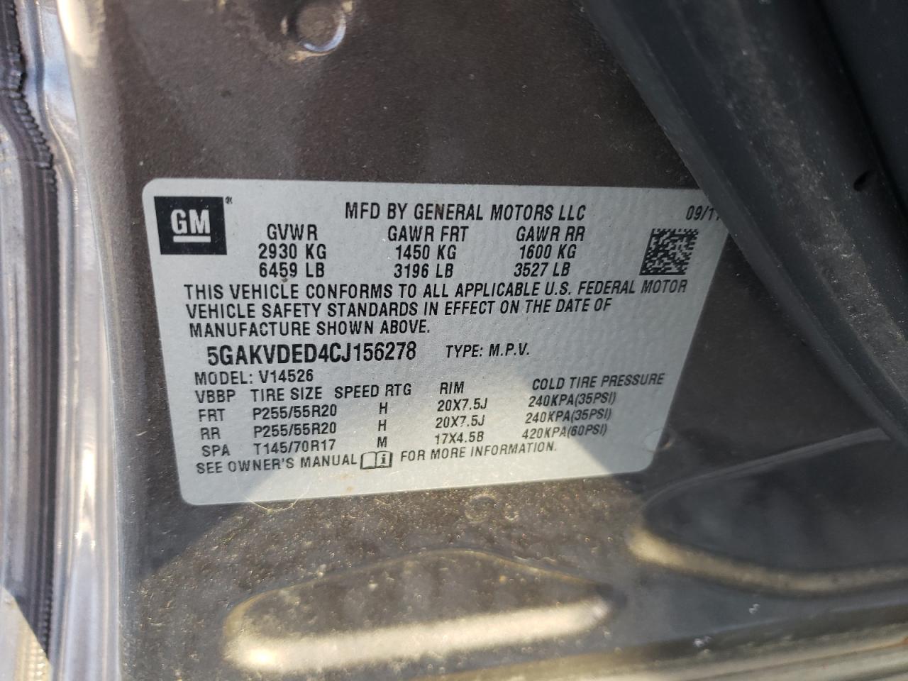 2012 Buick Enclave VIN: 5GAKVDED4CJ156278 Lot: 47975325