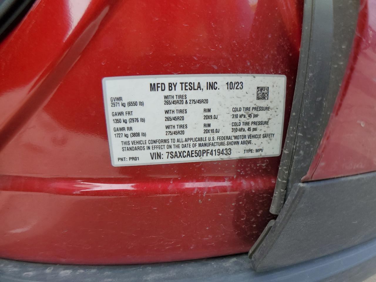 2023 Tesla Model X VIN: 7SAXCAE50PF419433 Lot: 50645565