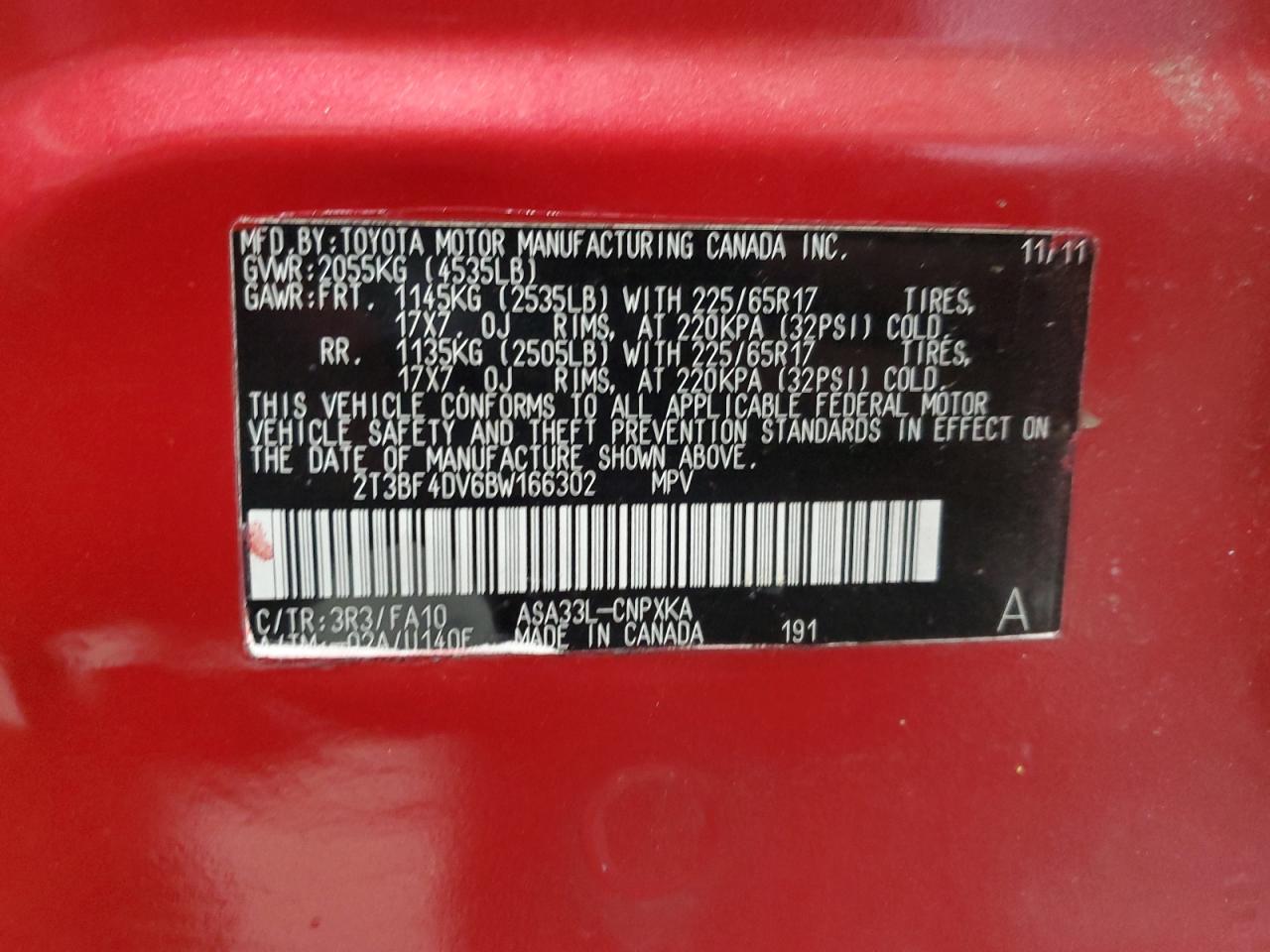 2011 Toyota Rav 4 VIN: 166302 Lot: 50858595