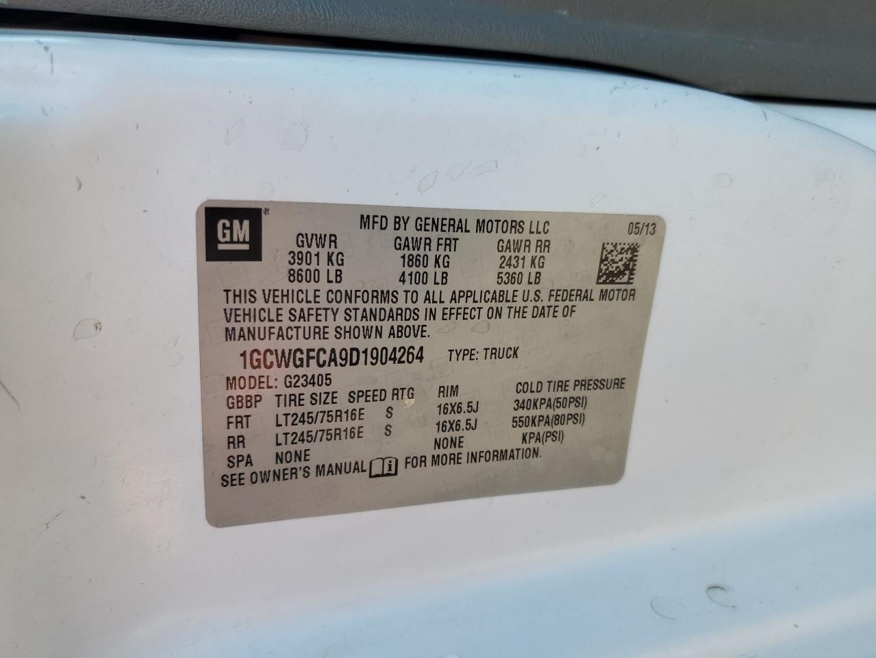 2013 Chevrolet Express G2500 VIN: 1GCWGFCA9D1904264 Lot: 47970425