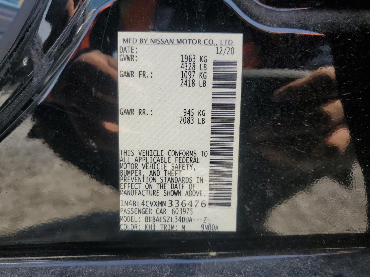 2021 Nissan Altima Sr VIN: 1N4BL4CVXMN336476 Lot: 48414175