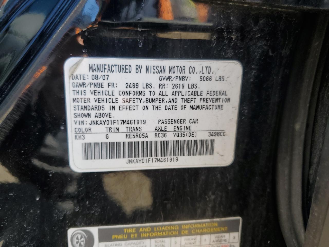 2007 Infiniti M35 Base VIN: JNKAY01F17M461919 Lot: 50685025