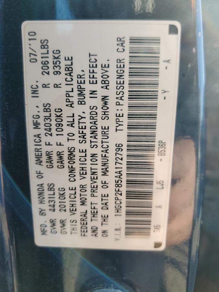 2010 Honda Accord Exl VIN: 1HGCP2F85AA172796 Lot: 49642165