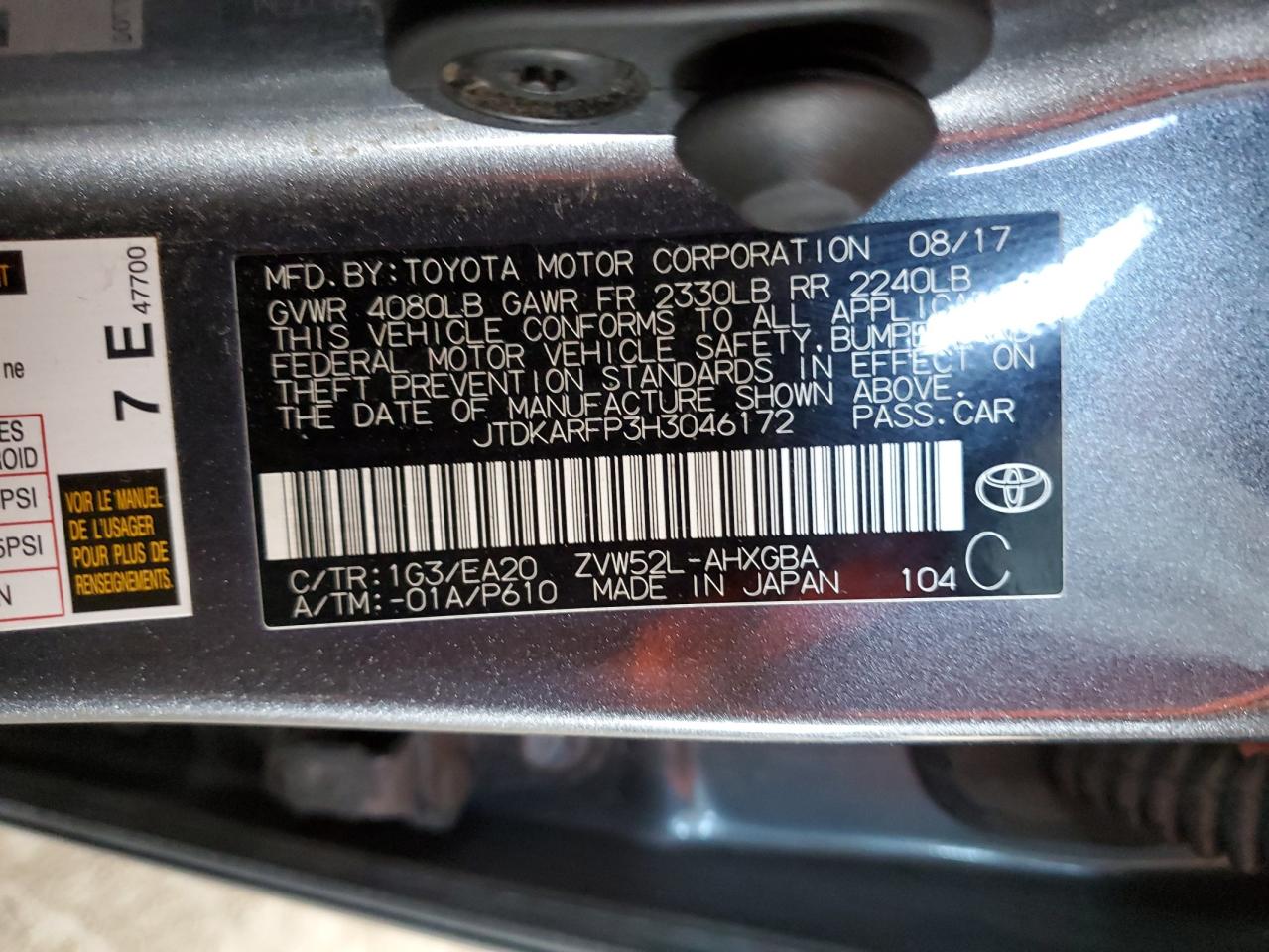 2017 Toyota Prius Prime VIN: JTDKARFP3H3046172 Lot: 49325695