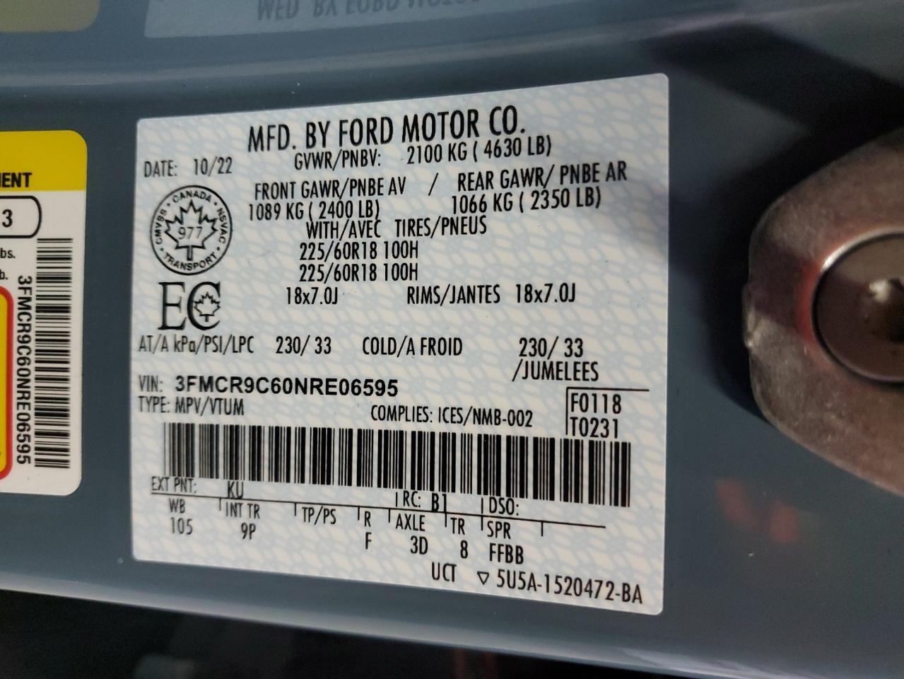 2022 Ford Bronco Sport Outer Banks VIN: 3FMCR9C60NRE06595 Lot: 49254795