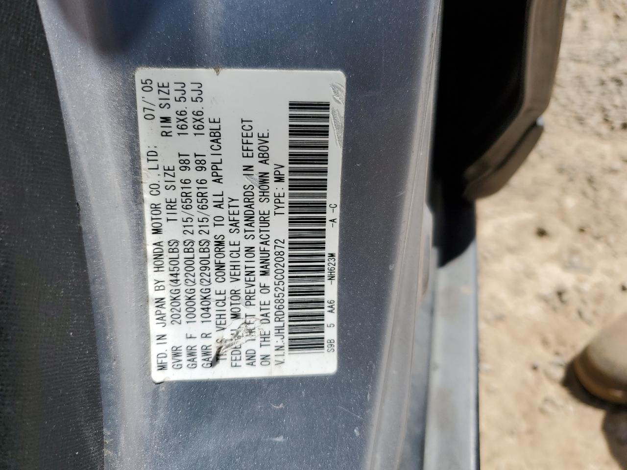 2005 Honda Cr-V Lx VIN: JHLRD68525C020872 Lot: 57278745