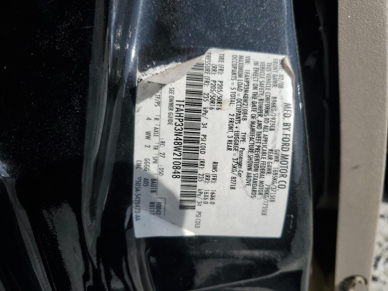 2008 Ford Focus Se VIN: 1FAHP33N48W210848 Lot: 57314195