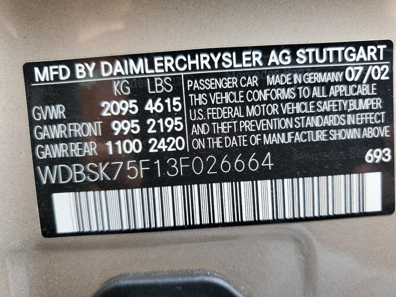 2003 Mercedes-Benz Sl 500R VIN: WDBSK75F13F026664 Lot: 51122995