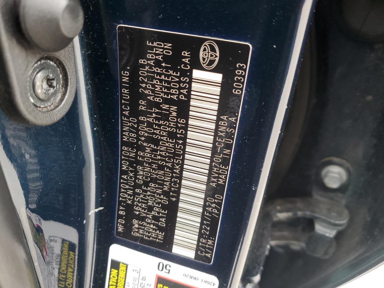 2020 Toyota Camry Le VIN: 4T1C31AK5LU541516 Lot: 48039195
