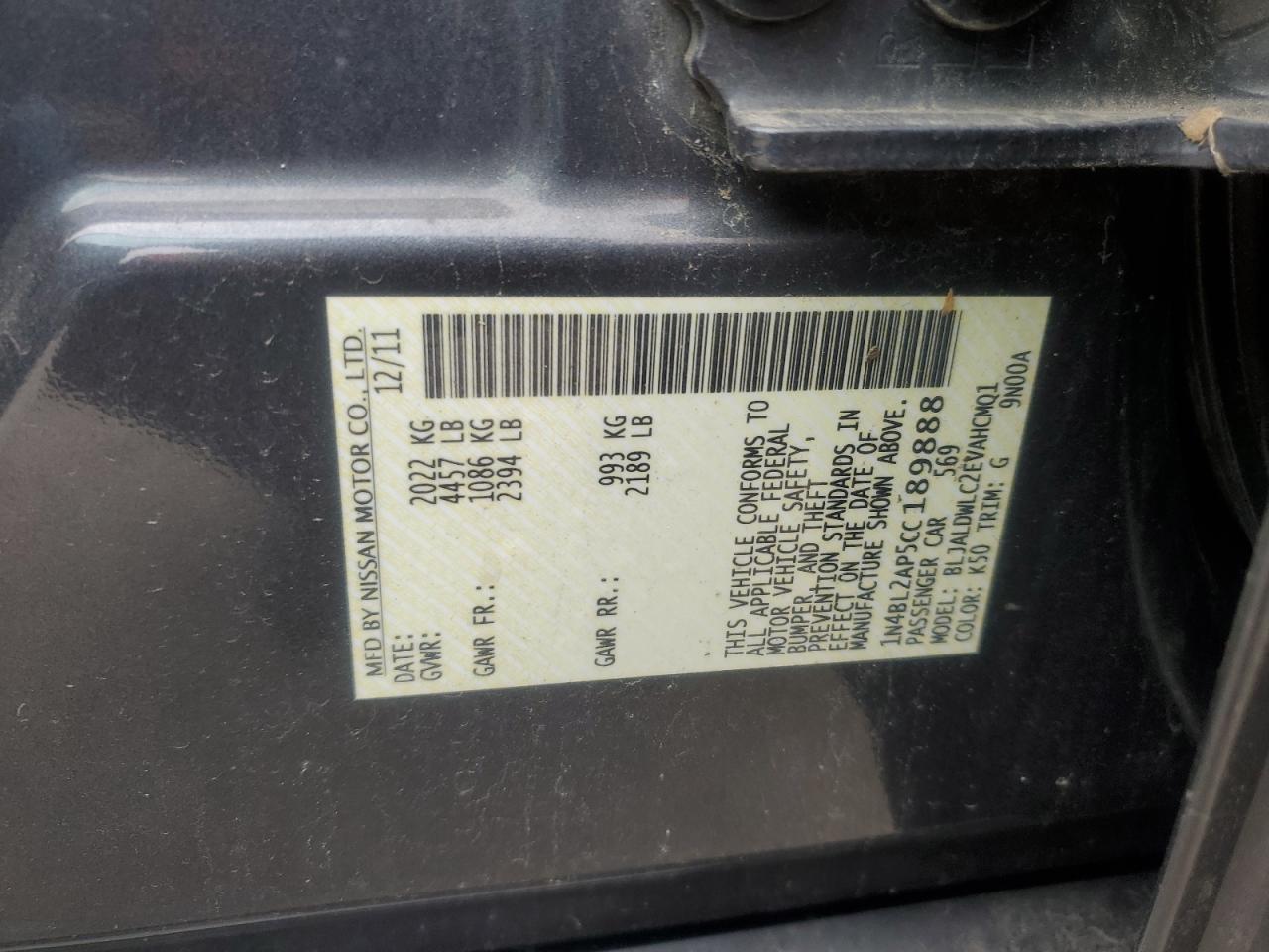2012 Nissan Altima Sr VIN: 1N4BL2AP5CC189888 Lot: 49581895