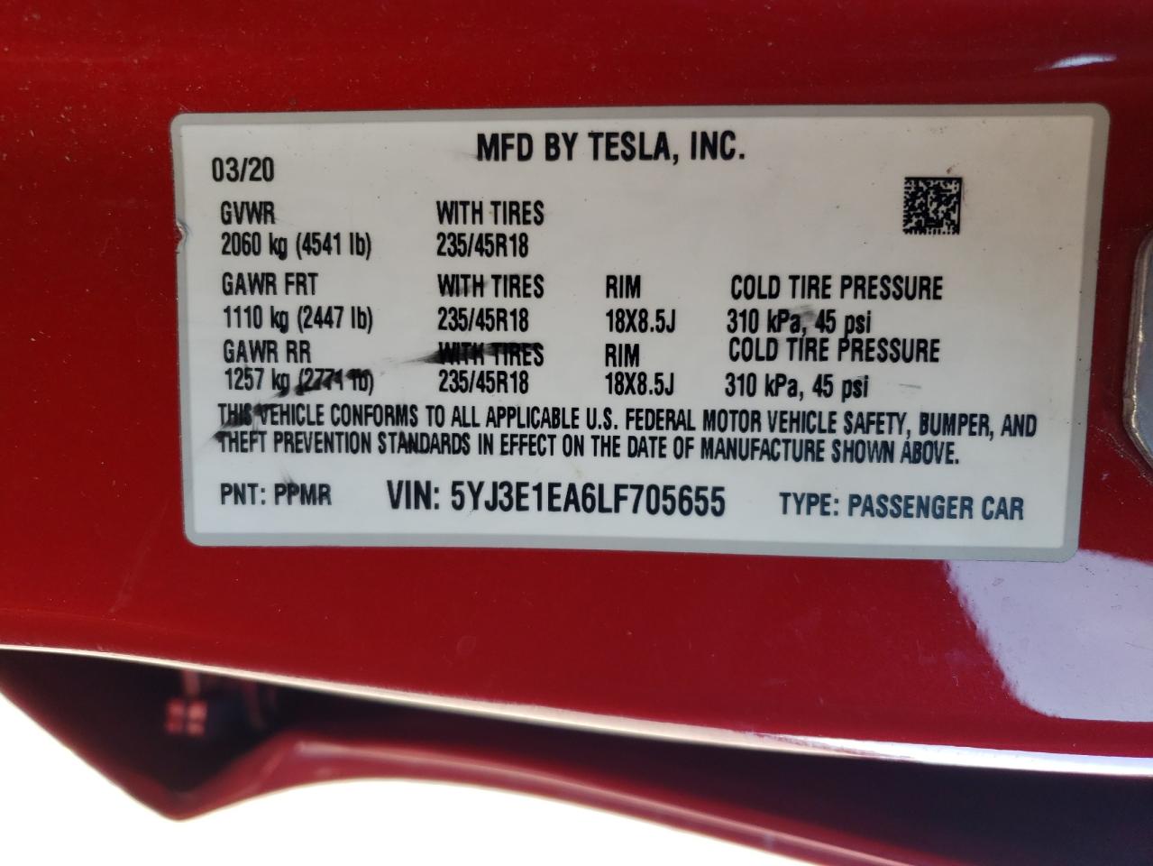 2020 Tesla Model 3 VIN: 5YJ3E1EA6LF705655 Lot: 56958285