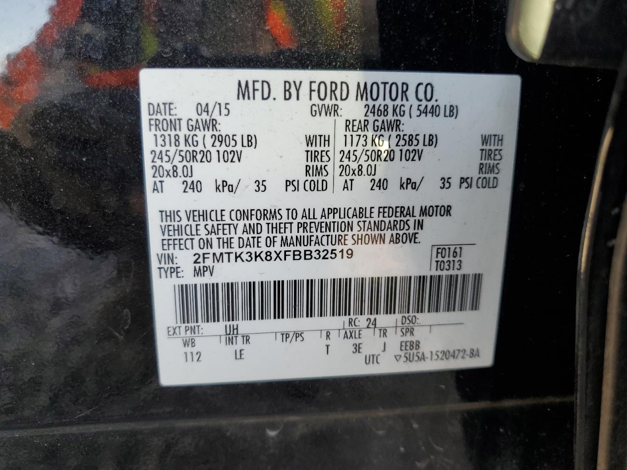 2015 Ford Edge Titanium VIN: 2FMTK3K8XFBB32519 Lot: 48187115