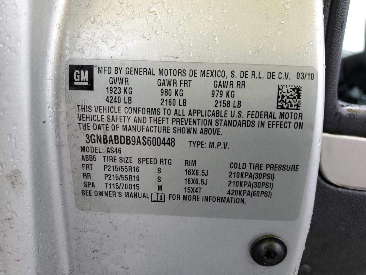 2010 Chevrolet Hhr Lt VIN: 3GNBABDB9AS600448 Lot: 50378415