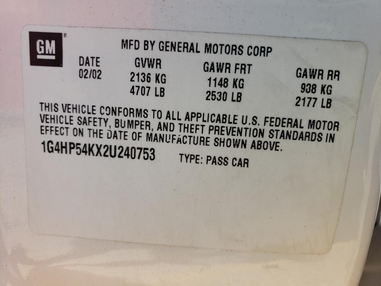 2002 Buick Lesabre Custom VIN: 1G4HP54KX2U240753 Lot: 50724585
