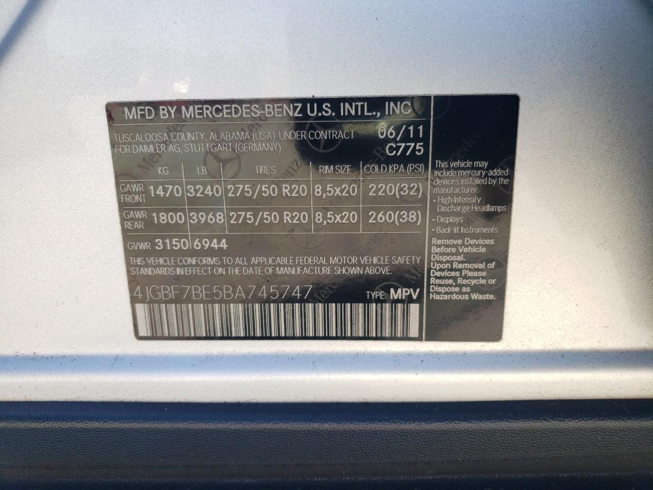 2011 Mercedes-Benz Gl 450 4Matic VIN: 4JGBF7BE5BA745747 Lot: 50381135