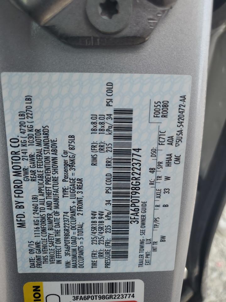 2016 Ford Fusion Se VIN: 3FA6P0T98GR223774 Lot: 50869615