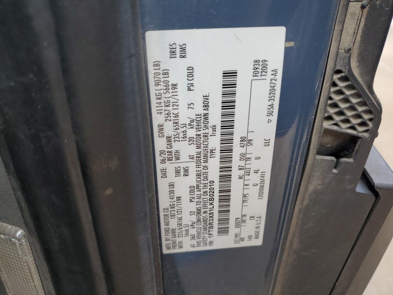 2020 Ford Transit T-250 VIN: 1FTBR3X81LKB02010 Lot: 49649285
