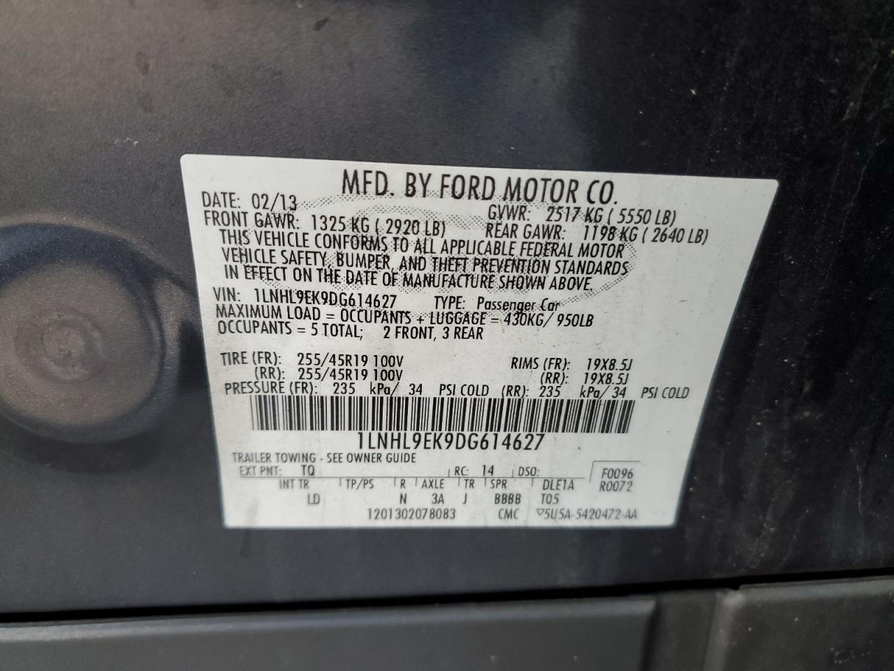 2013 Lincoln Mks VIN: 1LNHL9EK9DG614627 Lot: 48223995