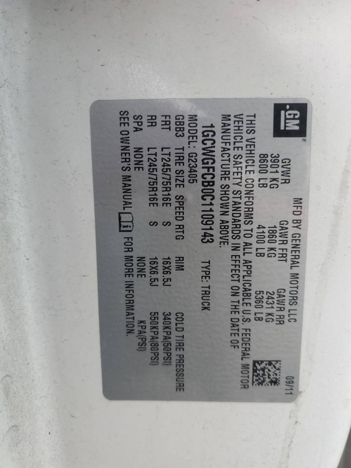 2012 Chevrolet Express G2500 VIN: 1GCWGFCB0C1109143 Lot: 48893465