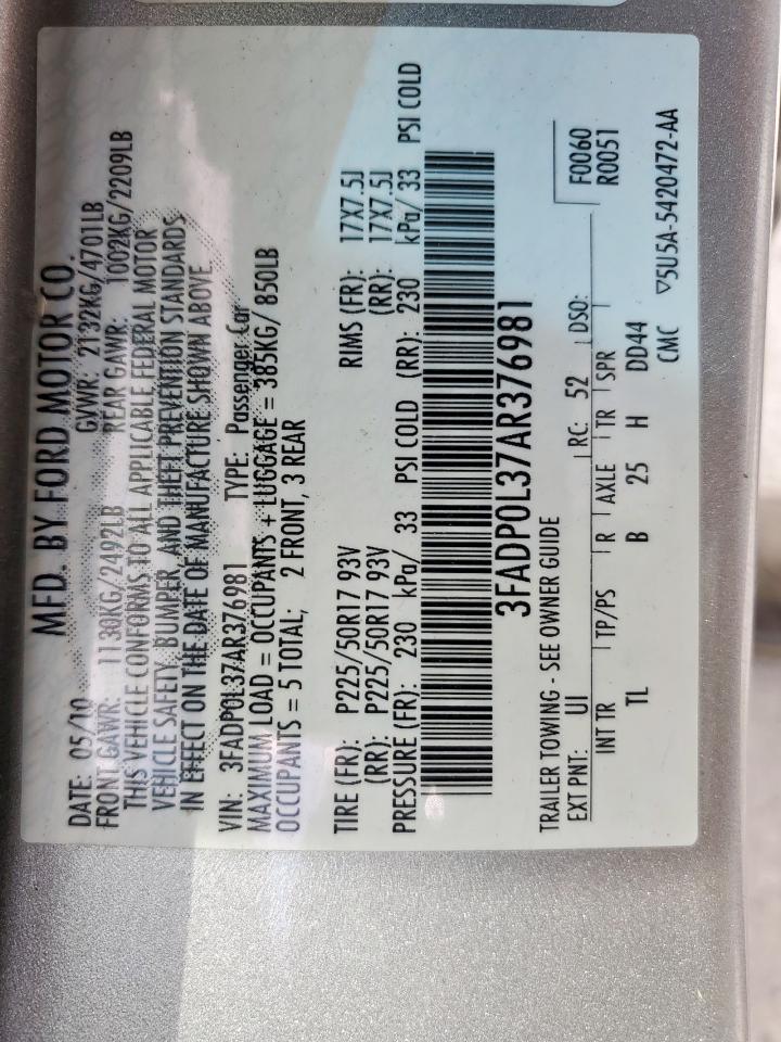 2010 Ford Fusion Hybrid VIN: 3FADP0L37AR376981 Lot: 50951285