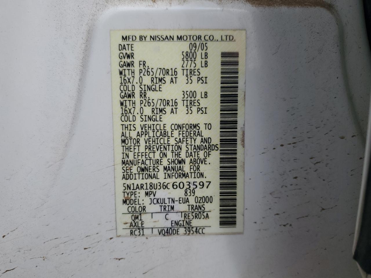 2006 Nissan Pathfinder Le VIN: 5N1AR18U36C603597 Lot: 48359265