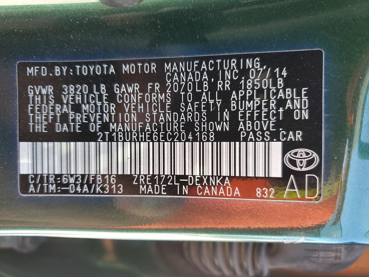 2014 Toyota Corolla L VIN: 2T1BURHE6EC204168 Lot: 48874705