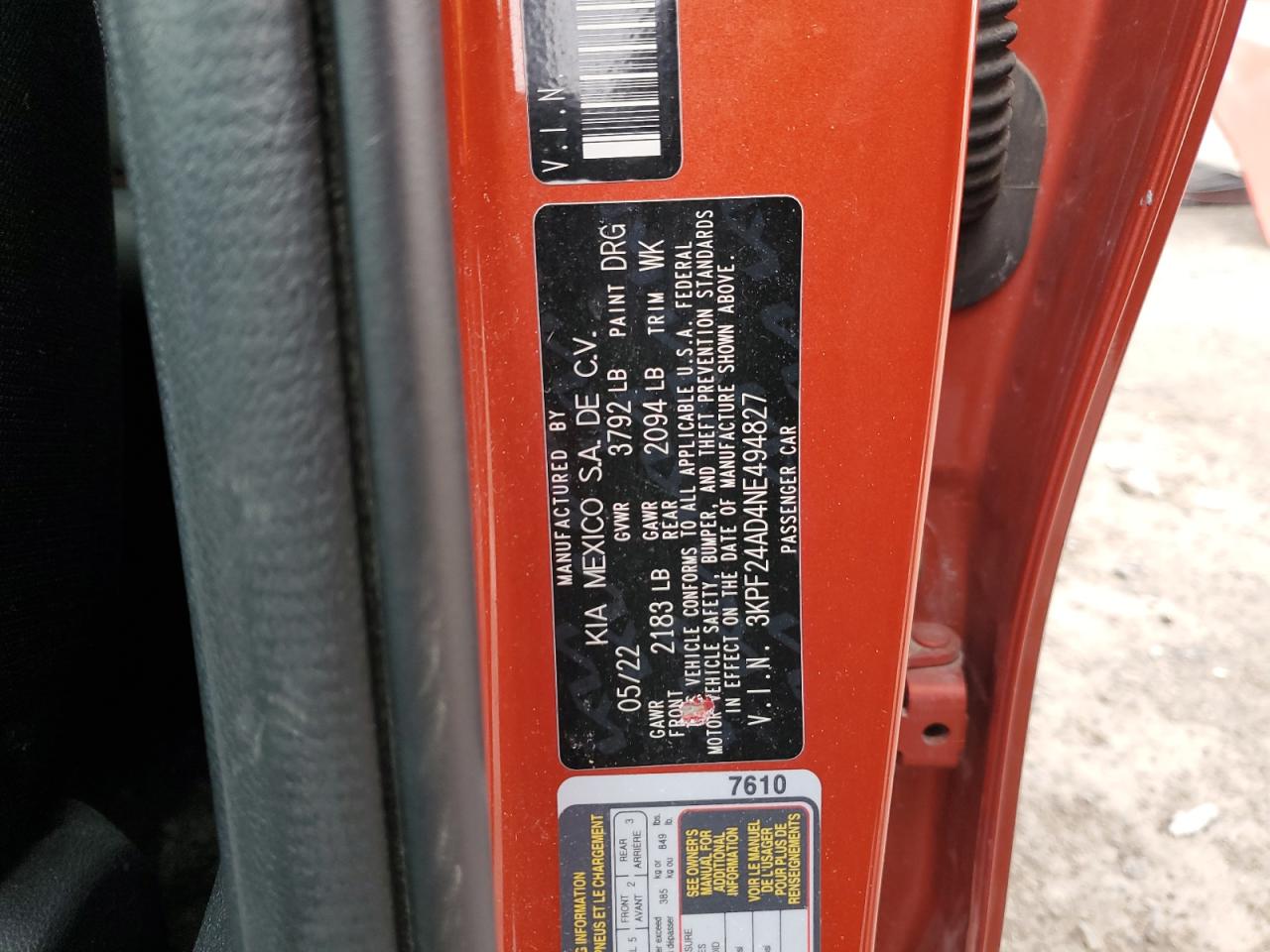2022 Kia Forte Fe VIN: 3KPF24AD4NE494827 Lot: 49143265
