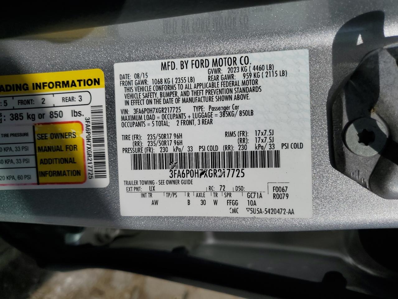 2016 Ford Fusion Se VIN: 3FA6P0H7XGR217725 Lot: 50226515