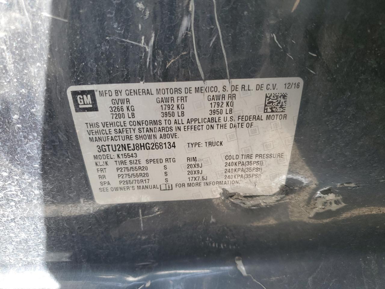 2017 GMC Sierra K1500 Slt VIN: 3GTU2NEJ8HG268134 Lot: 46153545