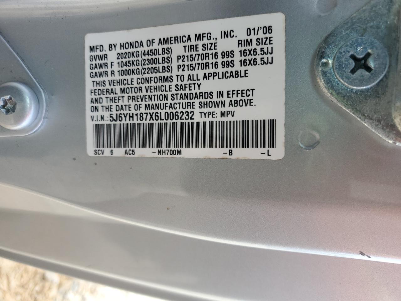 2006 Honda Element Ex VIN: 5J6YH187X6L006232 Lot: 51618975