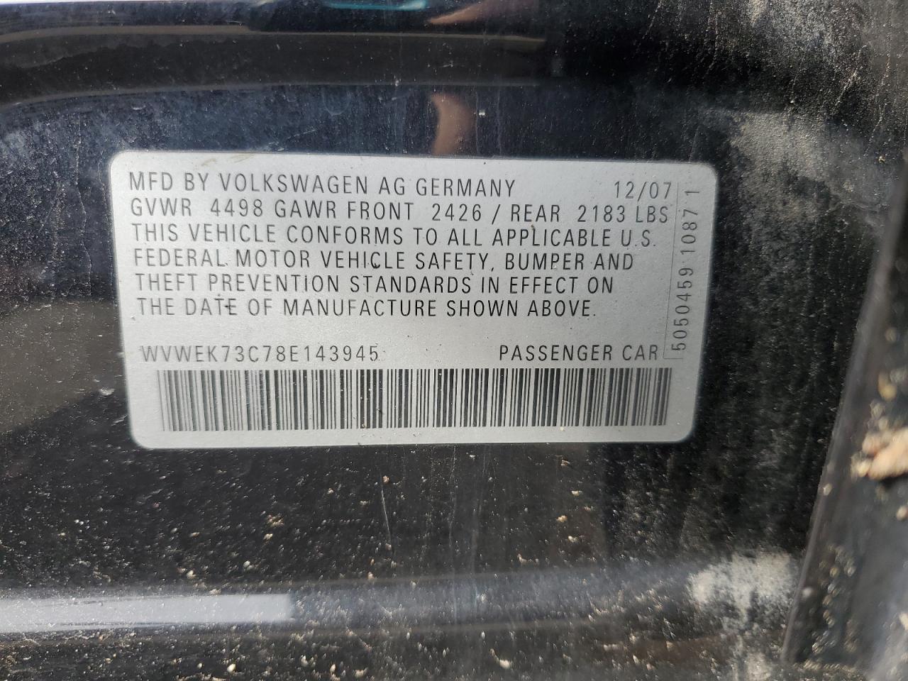 2008 Volkswagen Passat Lux VIN: WVWEK73C78E143945 Lot: 47987455