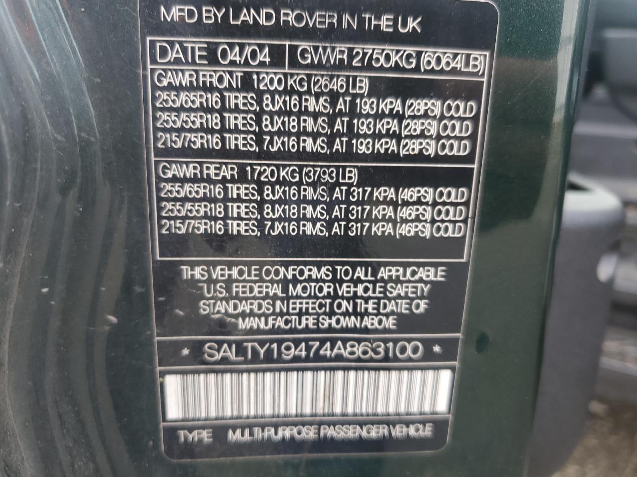 2004 Land Rover Discovery Ii Se VIN: SALTY19474A863100 Lot: 50633685