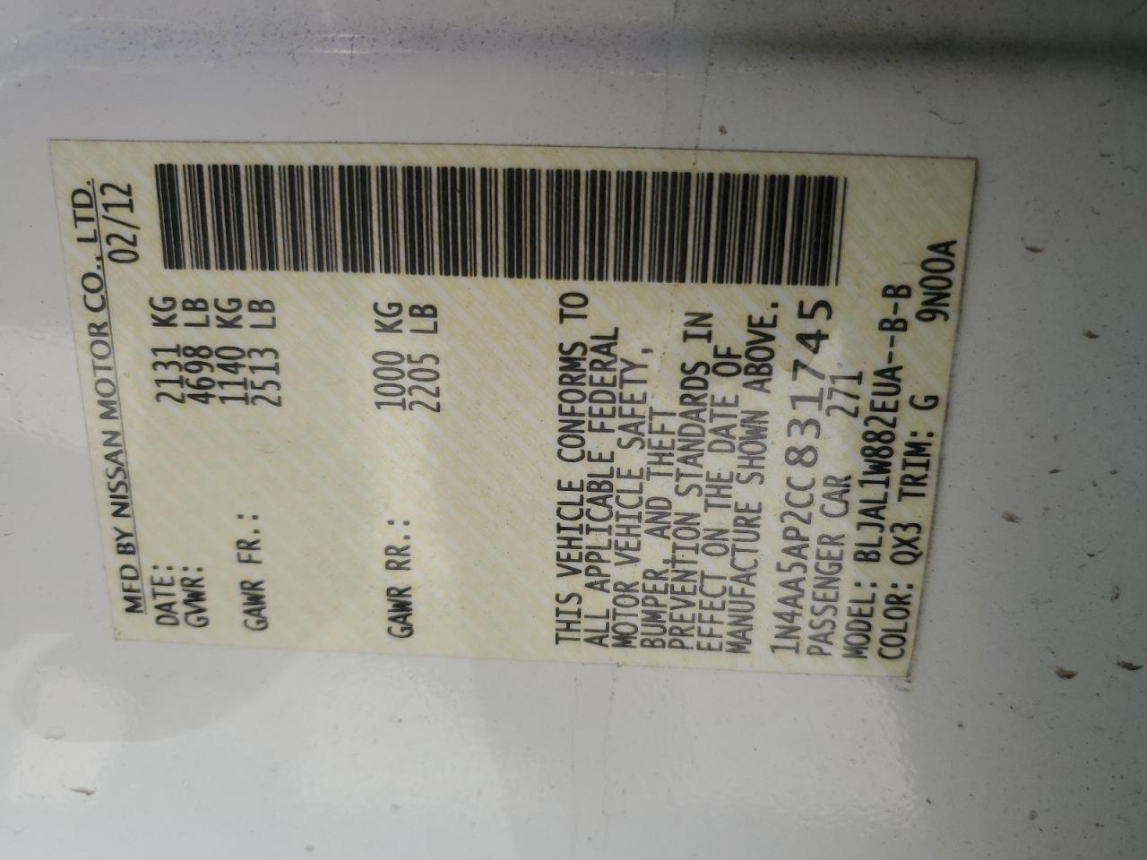 2012 Nissan Maxima S VIN: 1N4AA5AP2CC831745 Lot: 48953975