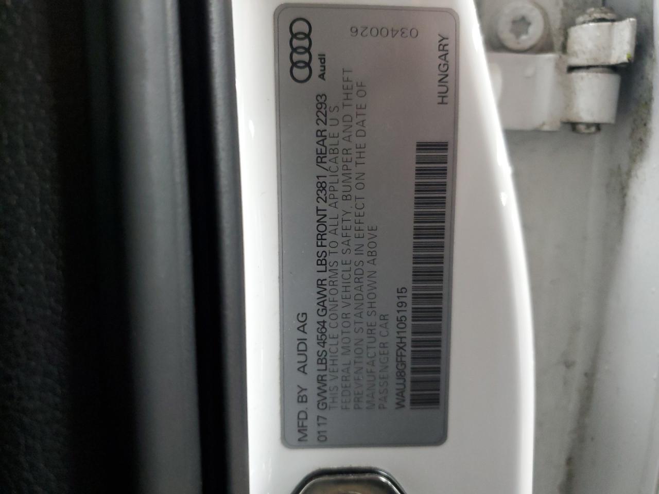 2017 Audi A3 Premium Plus VIN: WAUJ8GFFXH1051915 Lot: 50814315