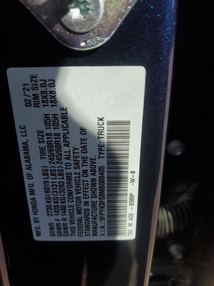 2021 Honda Ridgeline Rtl VIN: 5FPYK3F59MB008405 Lot: 48750855