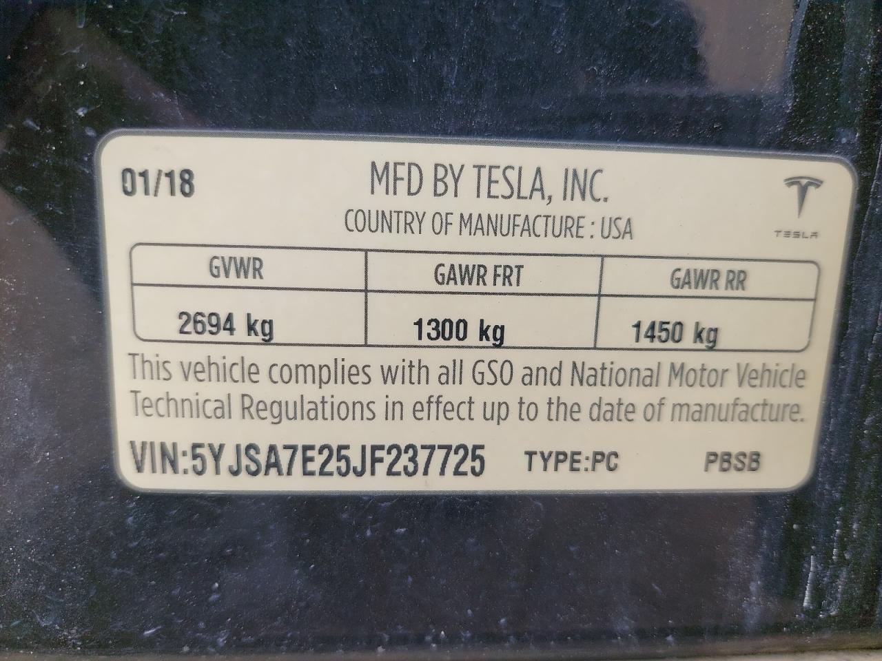 5YJSA7E25JF237725 - 2018 Tesla MODEL S - -