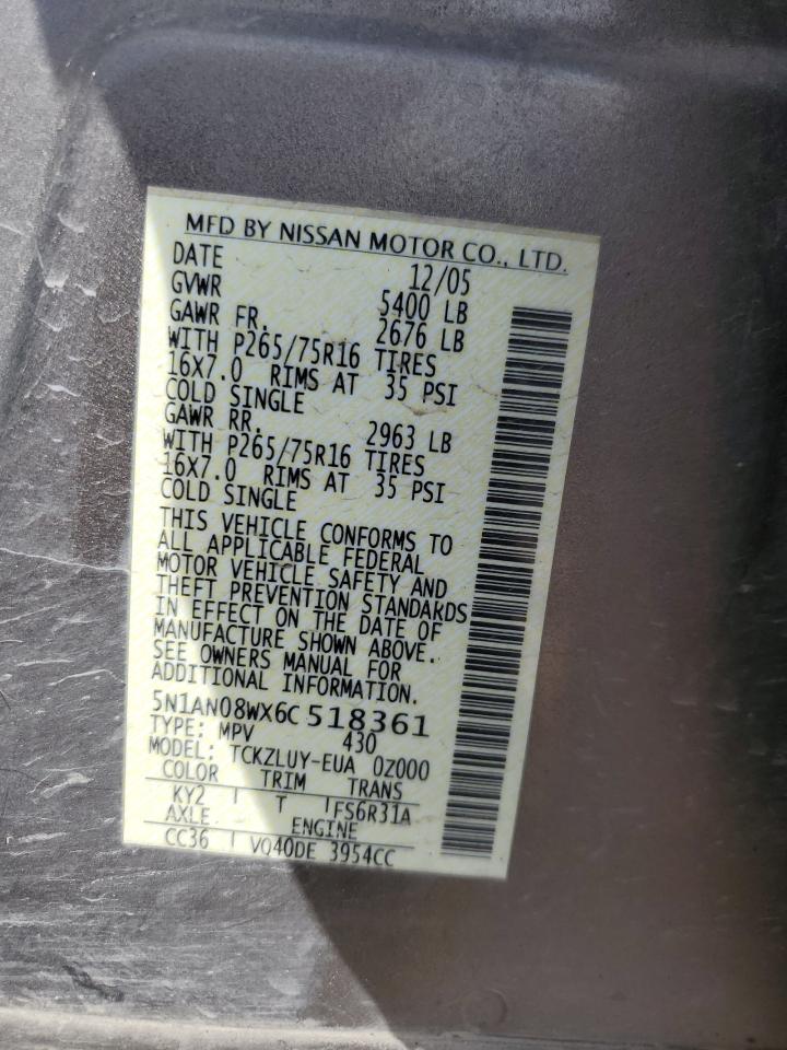 2006 Nissan Xterra Off Road VIN: 5N1AN08WX6C518361 Lot: 51066745