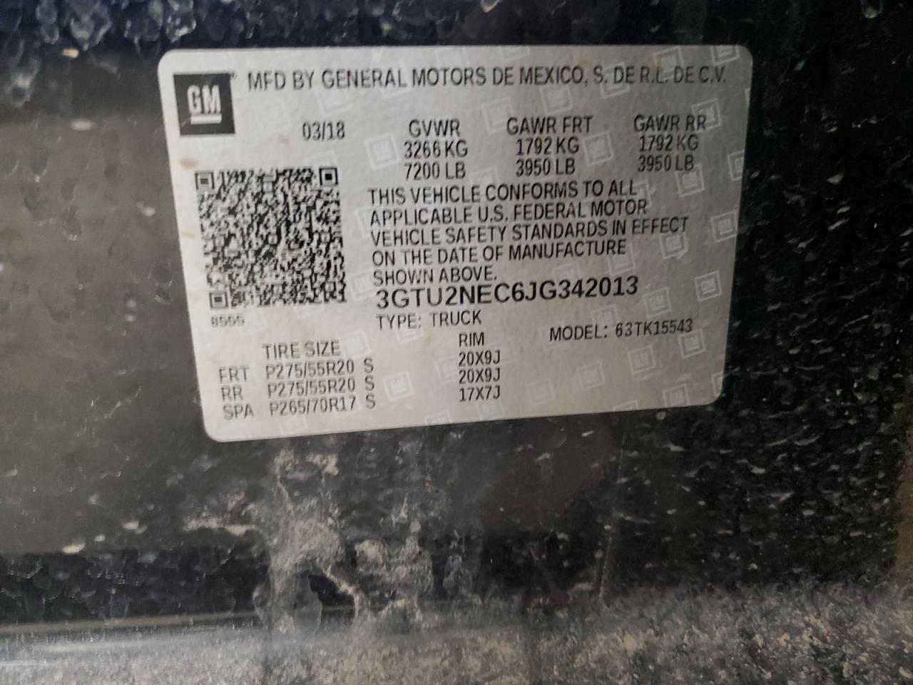 2018 GMC Sierra K1500 Slt VIN: 3GTU2NEC6JG342013 Lot: 48803465