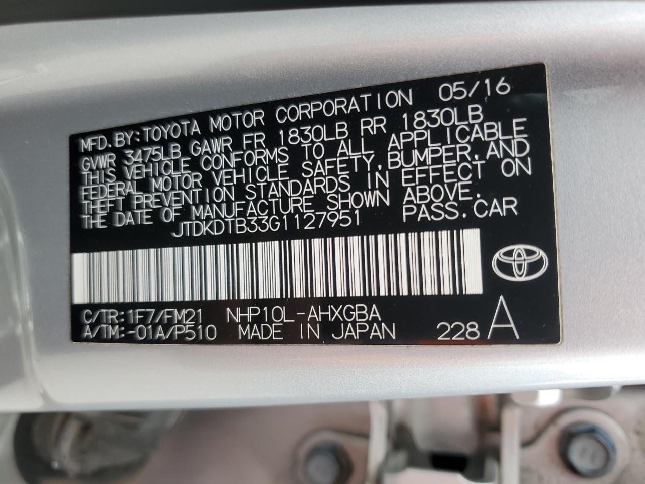 2016 Toyota Prius C VIN: JTDKDTB33G1127951 Lot: 50758835