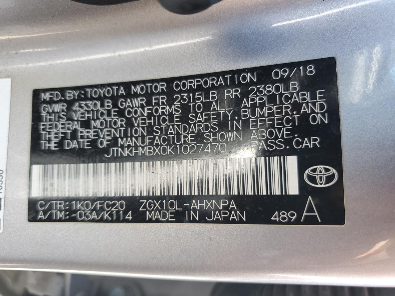 2019 Toyota C-Hr Xle VIN: JTNKHMBX0K1027470 Lot: 50633385